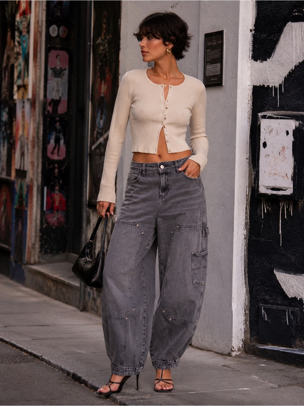 We The Free Washed Gray Boyfriend Cargo Jeans in Charcoal